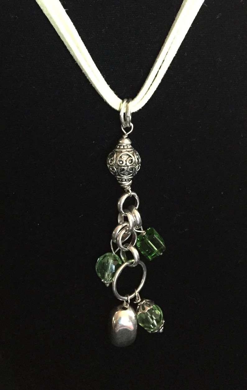 Vintage necklace light green suede drop pendant sterling silver beads and chain green glass beads