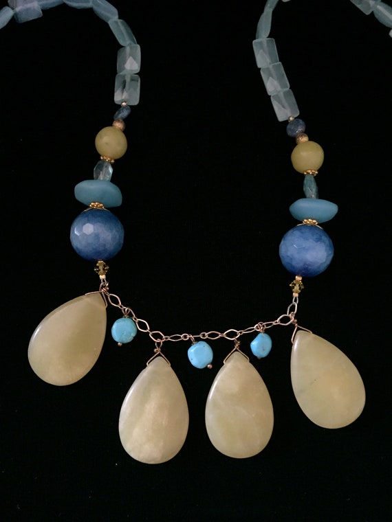 mixed stone necklace blue and yellow green beads … - image 3