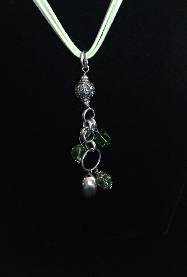 Vintage necklace light green suede drop pendant sterling silver beads and chain green glass beads