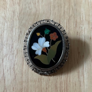 Pietra dura brooch pendant Italy stone mosaic silver