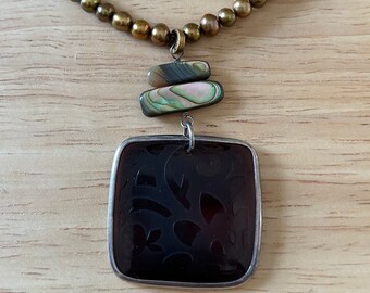 Silpada pendant necklace etched shell leather pearl sterling silver