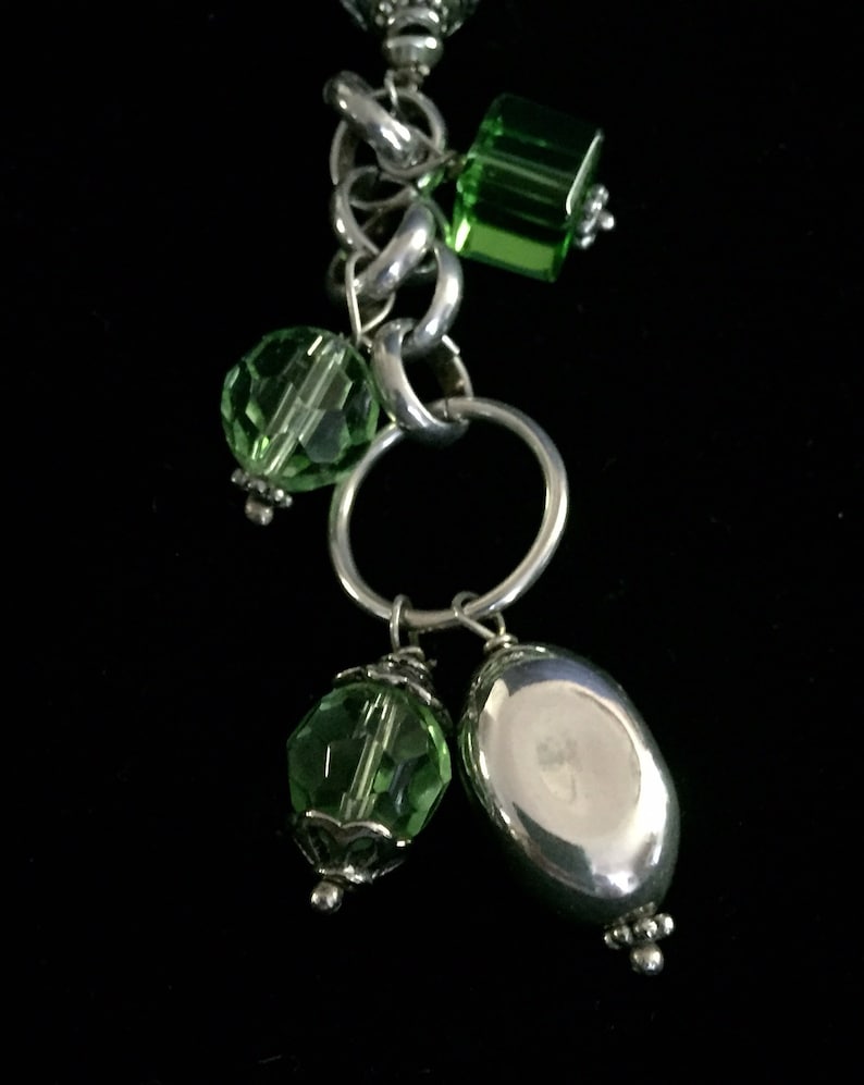 Vintage necklace light green suede drop pendant sterling silver beads and chain green glass beads
