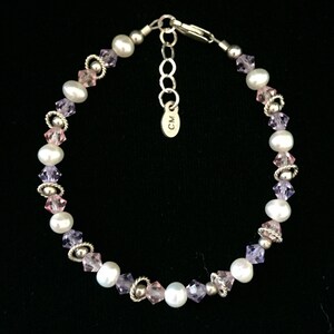 pink crystal and pearl beaded bracelet sterling silver adjustable