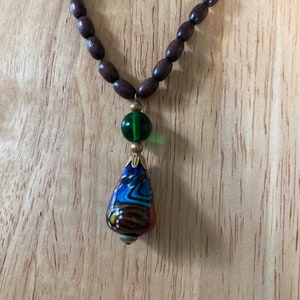 Boho style glass lamp work pendant wooden bead necklace