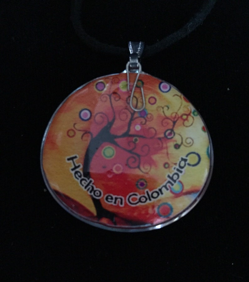 Handcrafted resin pendant suede adjustable necklace hecho en Colombia modern tree design