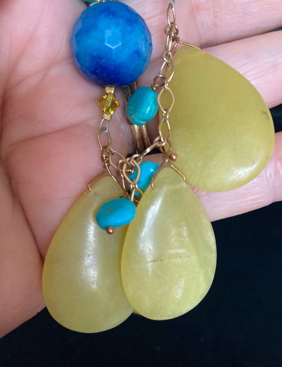 mixed stone necklace blue and yellow green beads … - image 9