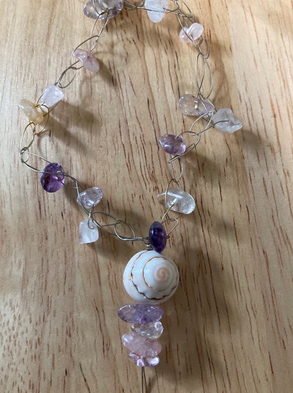 Crocheted amethyst and crystal bead necklace shell