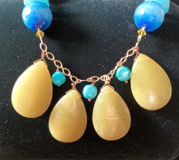 mixed stone necklace blue and yellow green beads … - image 1