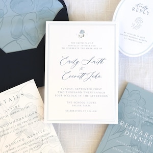 The Emily | Blue Watercolor Floral Watercolor Wedding Invitations -  Semi-Custom Wedding Stationery, Professionally Printed Invitation Suite