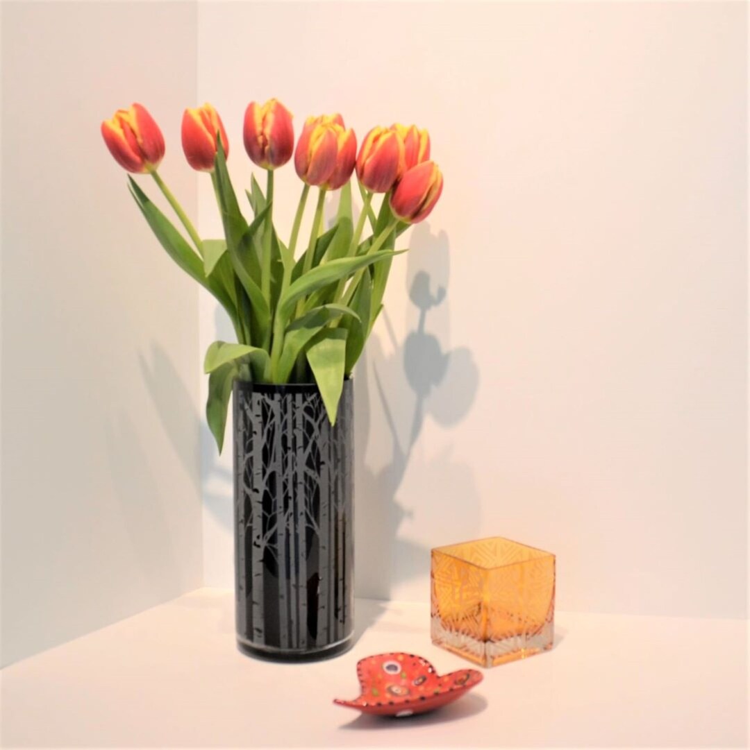 Black Hand Blown Glass Cylinder Vase With Aspen Tree Trunk Design Etsy