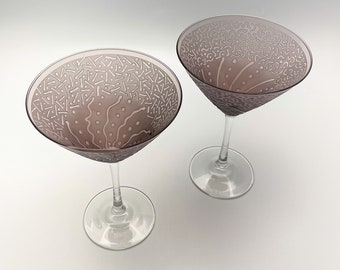 Purple Cocktail Glass with Sandblasted Before and After Designs - Pair