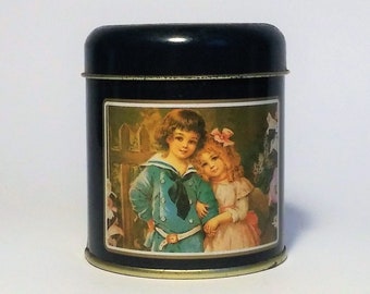 Small blue Tin can with children print, vintage candy container, antiqued box Italian sweets