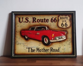 Pintura de madera pintada a mano / U.S. Car Sculpture Route 66 - The Mother Road / Insega para pubs, bares y clubes clásicos