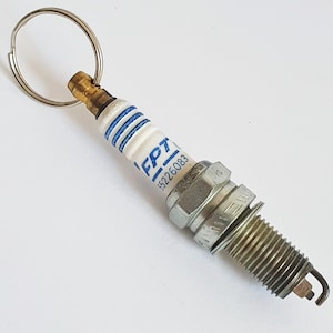 Pode incluir: Uma vela de ignição prateada com um isolante de cerâmica branca e letras azuis que dizem "FPT 52226083". A vela de ignição tem um chaveiro na parte superior.