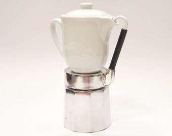 Vintage Italian coffee maker &quot;Mulino Bianco&quot; in aluminum and removable porcelain jug / Moka espresso coffee 4 cups 80s
