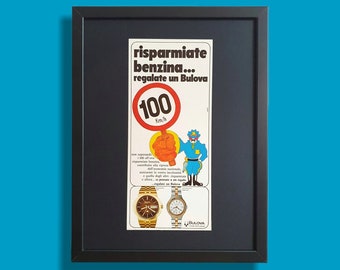 Cartel vintage publicitario italiano original de la colección de relojes Bulova Accuquartz Mini Accutron Ministar - Año 1973