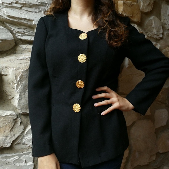 Stylish Vintage Lightweight Black Women's Jacket, 80s Gold Buttons 