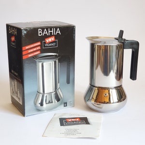 Vintage Collectible Italian Coffee Maker, Italian Moka VEV Vigano BAHIA Series in 18/10 Stainless Steel and Heat-Resistant Handle 6 Cups