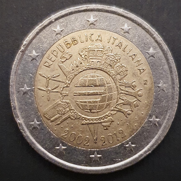 Moneta 2 euro celebrativa commemorativa - Repubblica Italiana 2012 10o anniversario delle banconote e monete in euro
