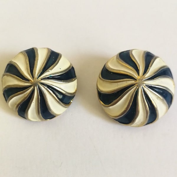 Valentino Garavani circular clip earrings, Italian vintage 80s high fashion costume jewelry, navy blue and white lacquered golden metal