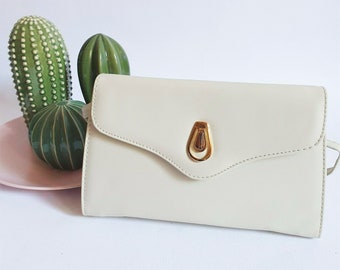 Vintage formal bag, ivory-dyed synthetic leather shoulder bag with gold detailing