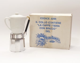 Cafetière italienne vintage "Mulino Bianco" en aluminium et verseuse amovible en porcelaine / café expresso moka 4 tasses des années 1980