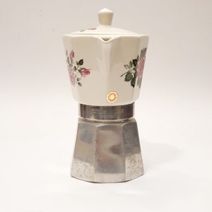 Vintage Italian FLORY EXPRESS coffee maker in aluminum with porcelain jug and floral decoration / Moka espresso coffee 6 cups image 5