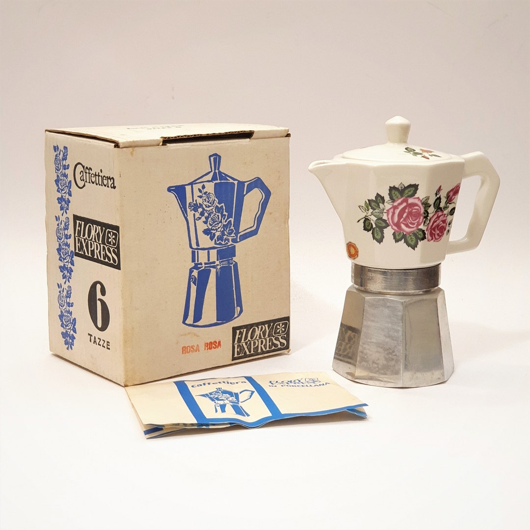 Vintage Italian flory Express Coffee Maker in Aluminum With Porcelain Jug and Floral Decoration Vintage Italian flory Express Coffee Maker in Aluminum With Porcelain Jug and Floral Decoration