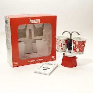 Small red Italian aluminum coffee maker "Mini Express" design Bialetti / Moka espresso coffee 2 cups