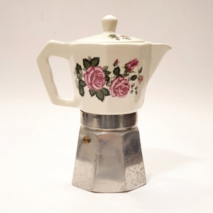 Vintage Italian FLORY EXPRESS coffee maker in aluminum with porcelain jug and floral decoration / Moka espresso coffee 6 cups image 4