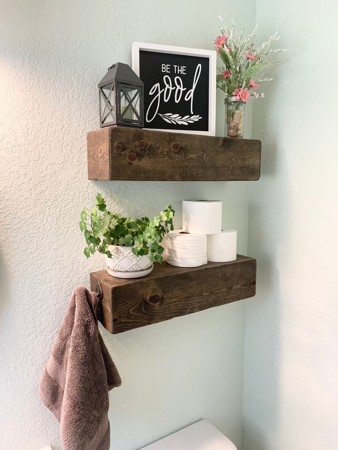 Afuly Floating Corner Shelves For Wall, Rustic Solid Brown Wood Wall Mounted Corner Shelf 3 Set