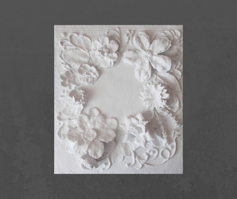Flower White Bas Relief Sculptural Wall Art Gypsum Panel 3d