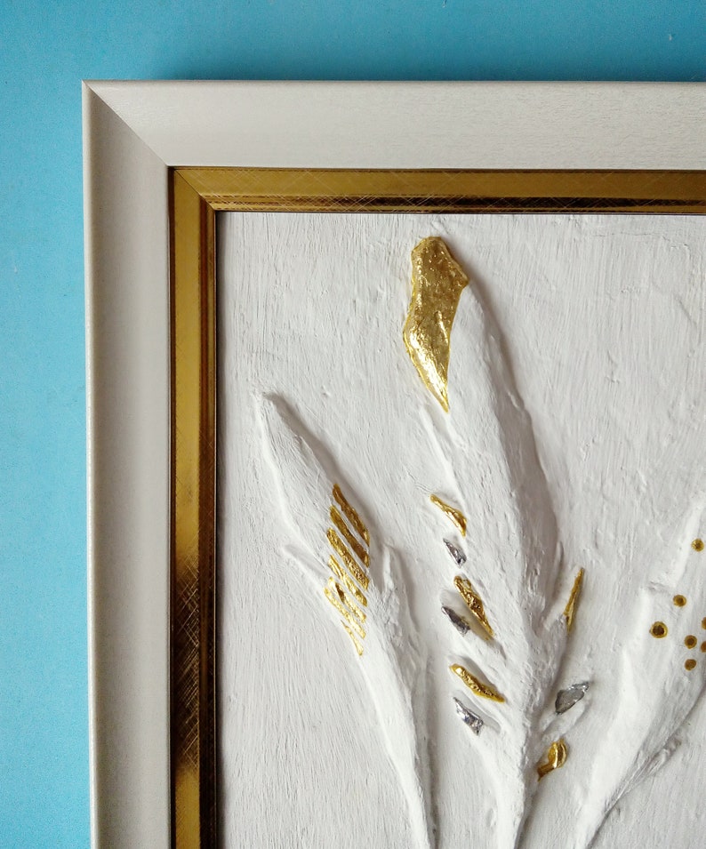 Framed 3d wall art Gold Feathers wall art white bas-relief | Etsy