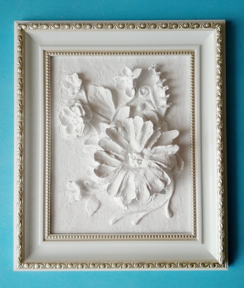 Panels gypsum 3d flower wall art white basrelief wall decor Etsy