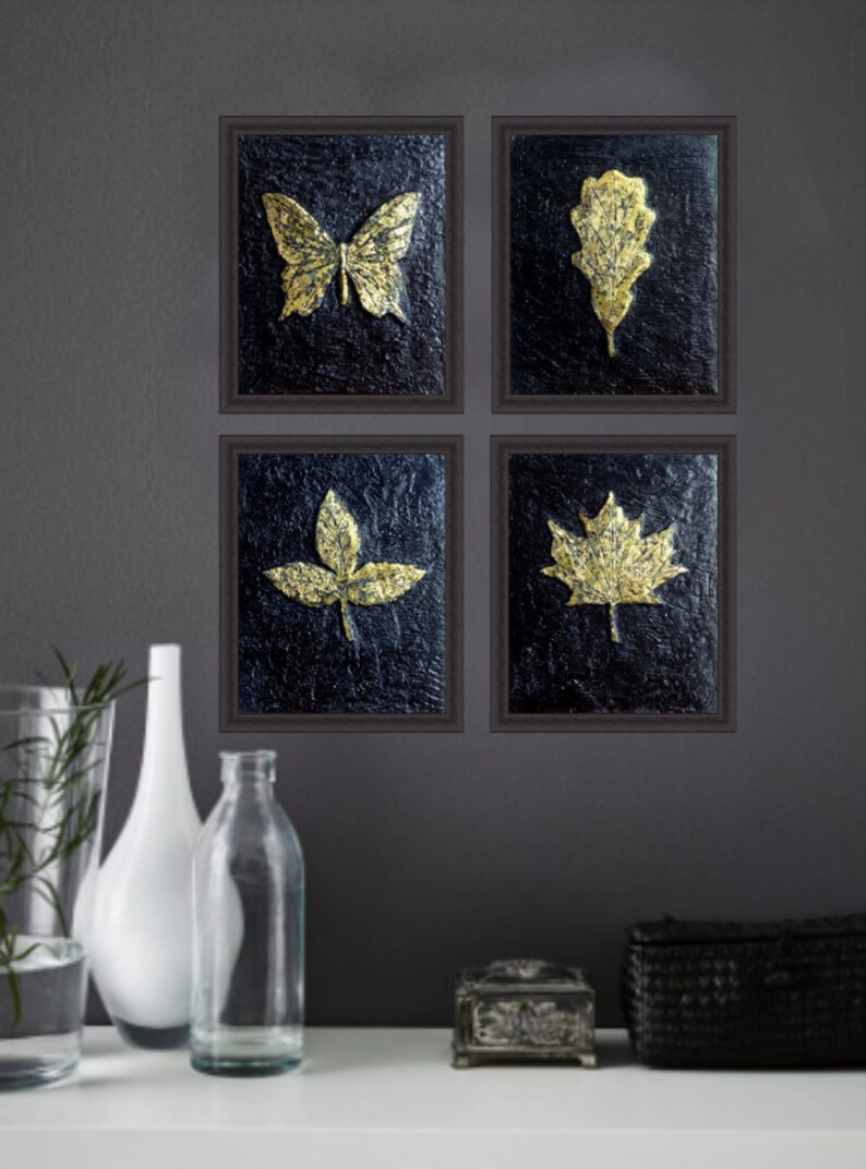 4 Piece Wall Art Set Basrelief Gold Leaf Wall Sculptures Set Etsy