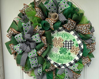 St. Patrick's Day Deco Mesh Wreath, Shamrock Door Decor