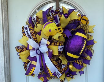 Purple Gold Tigers Football Wreath, Game Day Door Hanger, College Fan Decor