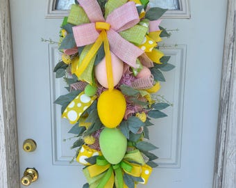 Handmade Easter Egg Swag, Mesh Ribbon Floral Wreath, Spring Decor