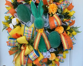 Green flocked bunny wreath, Bright Spring Summer Wreath for Front Door, Yellow Orange Floral Mesh Wreath, Easter  bunny decor
