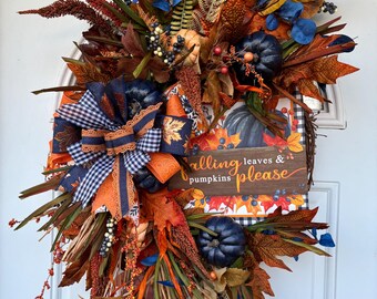 Fall Door Wreath: Rustic Navy Pumpkins, Gingham Bow, Autumn Leaves