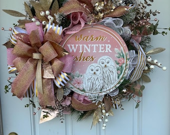 Pink & Gold Christmas Owl Wreath, Winter Door Decor