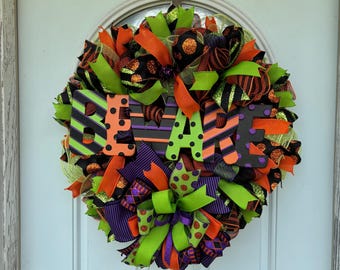 Halloween Mesh Wreath, Orange Black Beware Sign, Spooky Front Door Decor