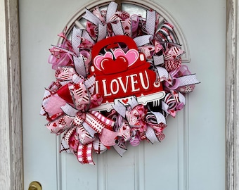Valentine's Day Wreath: Handmade Red Truck, Pink Ribbons, Heart Decor