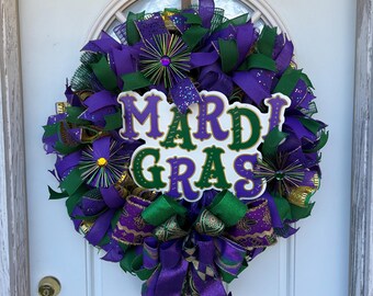 Mardi Gras Wreath: Purple, Green & Gold Ribbon Door Decor