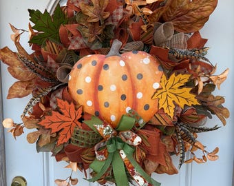 Autumn Pumpkin Wreath: Polka Dot Pumpkin, Fall Front Door Decor