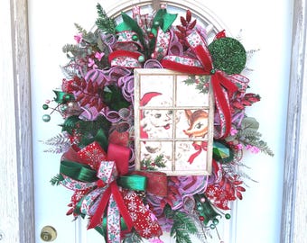 Vintage Santa Christmas Wreath: Red, Emerald, & Snowflake Ribbons