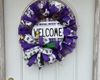 Mardi Gras Wreath: Purple, Green & Gold 'Welcome' Door Decor