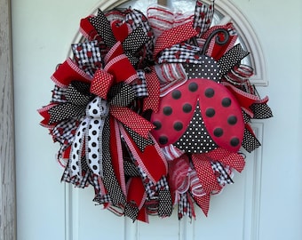 Ladybug Mesh Wreath, Red Black Polka Dot, Summer Door Decor