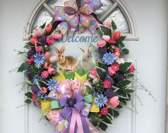 Easter Bunny Grapevine Wreath: Spring Floral Welcome Wreath