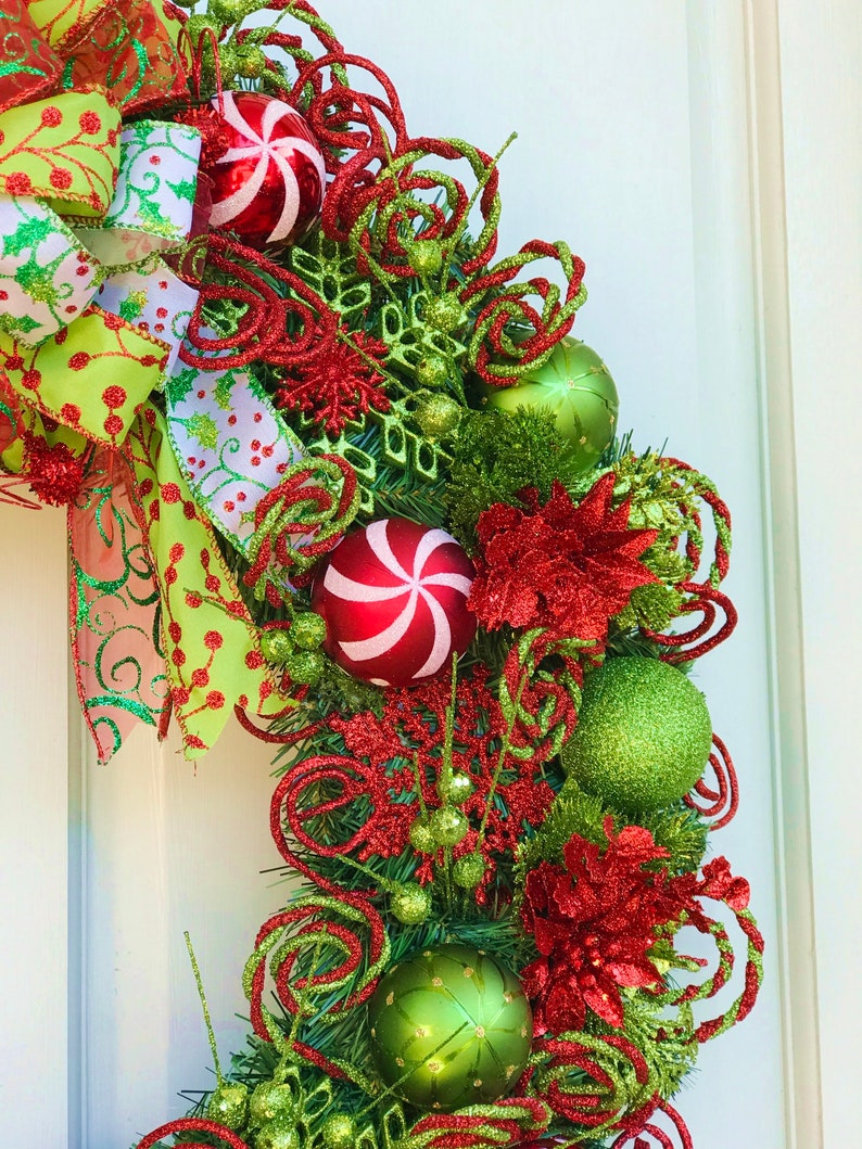 One-of-a-kind Lime Green and Red Hand-made Christmas Wreath